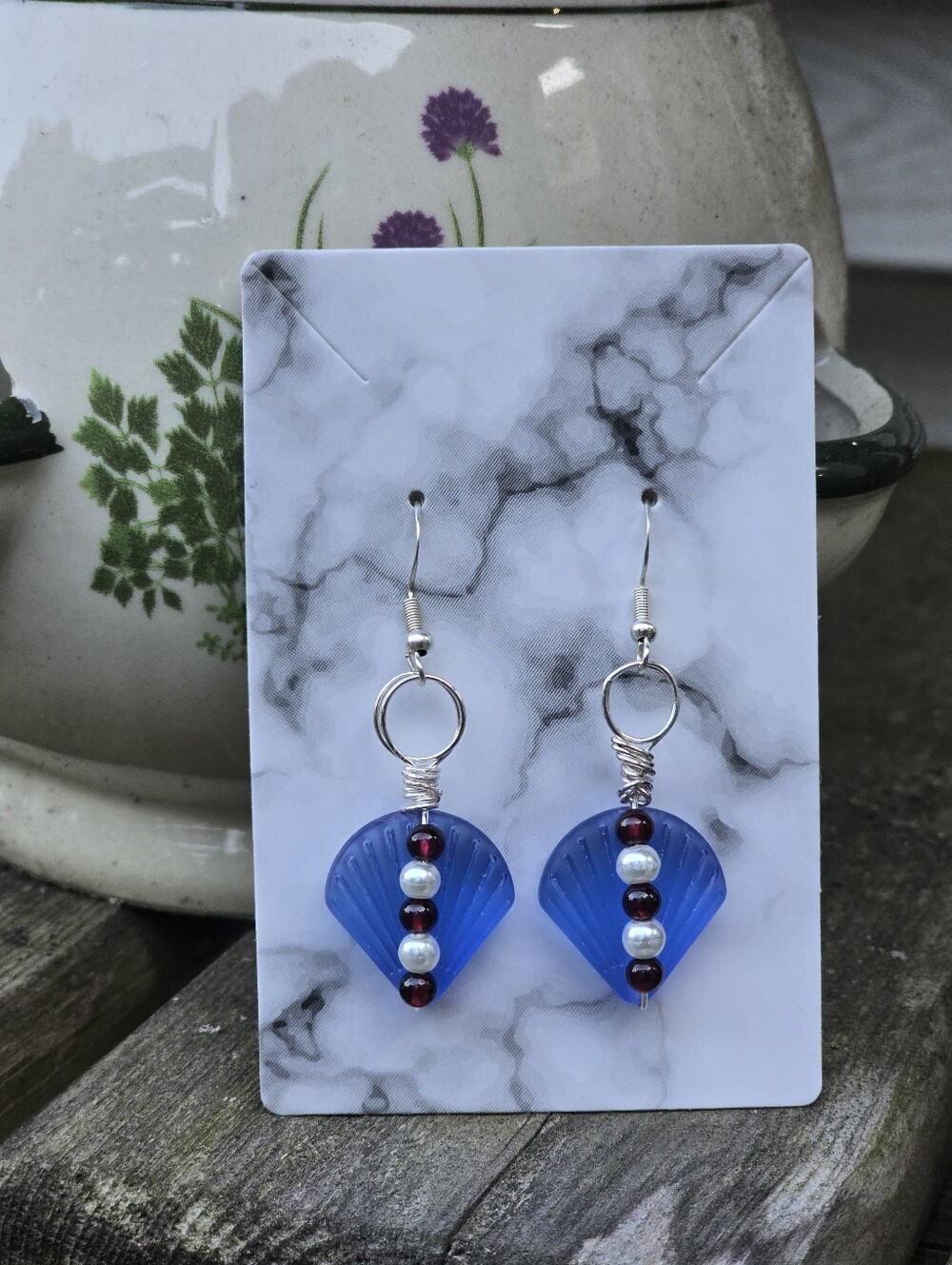 Blue Seaglass Shell Dangle Earrings with Red Garnet And Pearl Accent